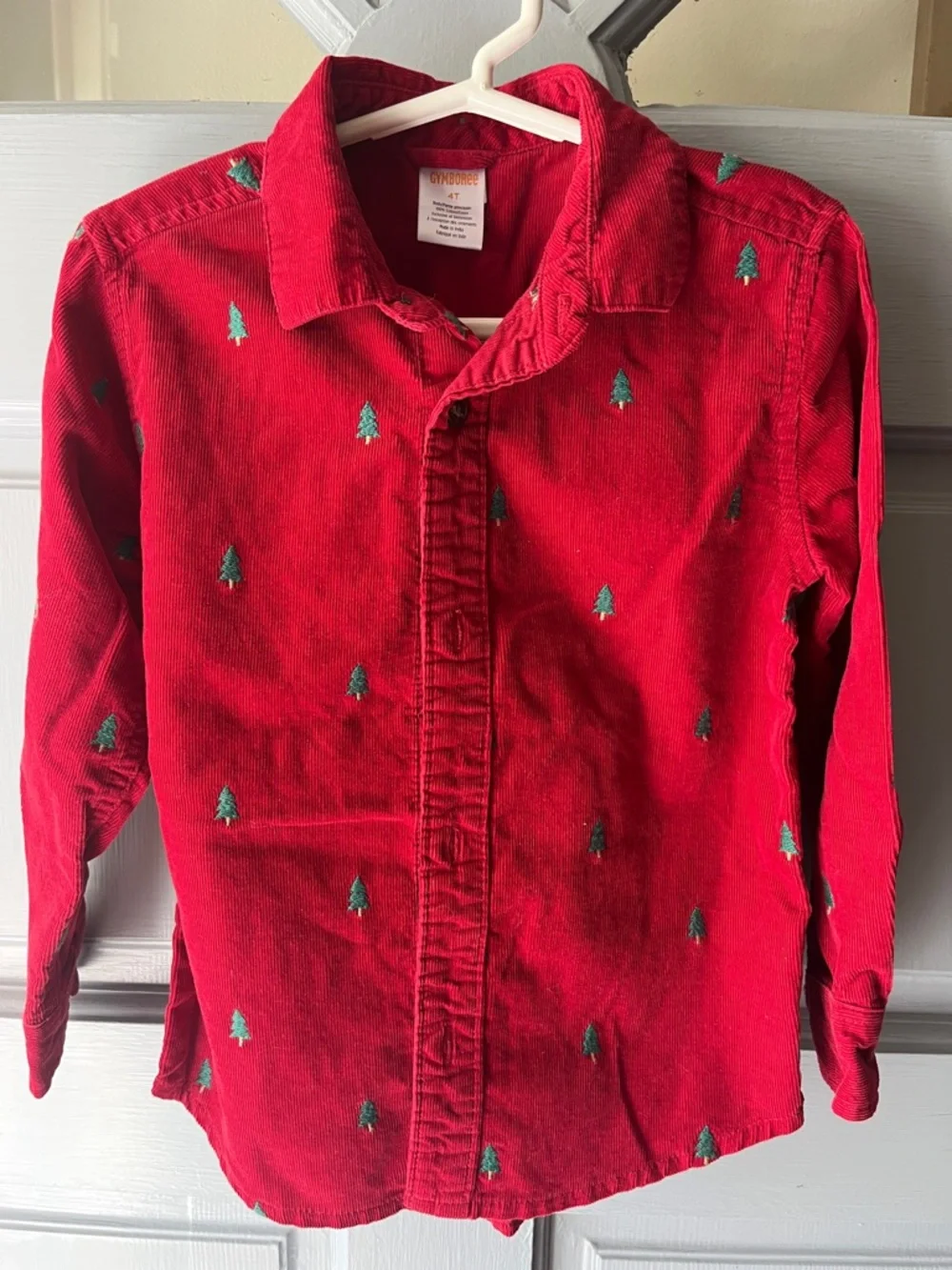 Gymboree Christmas Red Corduroy Button-Down Shirt Green Tree Embroidery, Boys 4T